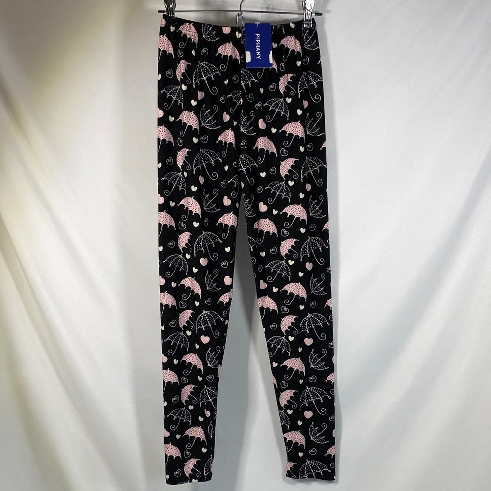 Piphany Black Leggings with Pink Umbrella Print Size S/M NWT